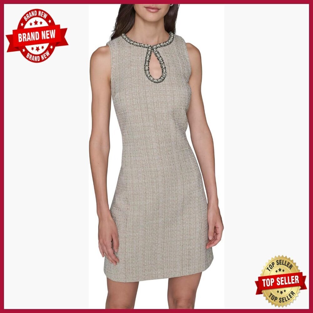 Sleeveless Keyhole Neckline Tweed Dress, Multi Textured, Flattering Fit